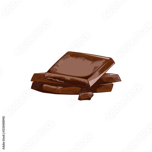 Bars of dark chocolate pieces hand drawn vector illustration, sweet dessert sketch, ingredient for fondue, cacao candy
