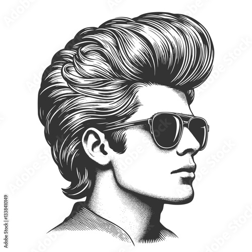 fashionable man with exaggerated, voluminous hair and a beard, wearing sunglasses and a tuxedo, surrealism with vintage aesthetics sketch engraving generative ai vector. Scratch board. Black and white