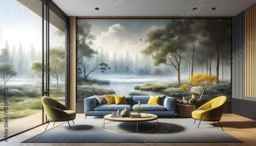 Yellow chair and blue sofa in room with fireplace. Scandinavian home interior design of modern living room in house by lake.