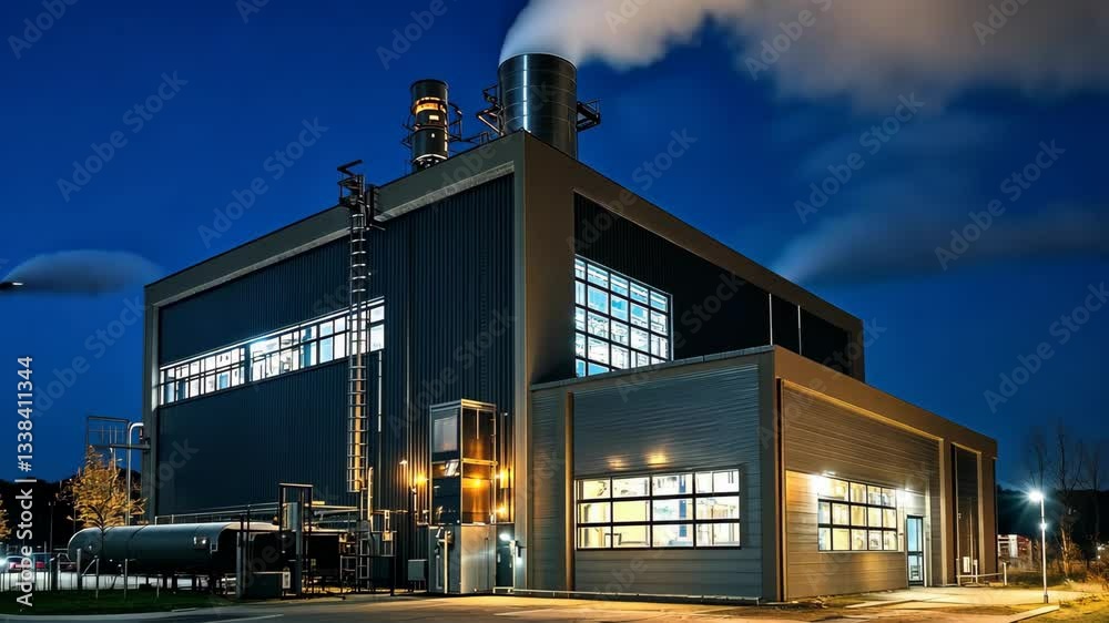 An industrial building at night, emitting steam, stands as a testament to innovative technology and future engineering, highlighting modern advancements in infrastructure and energy efficiency
