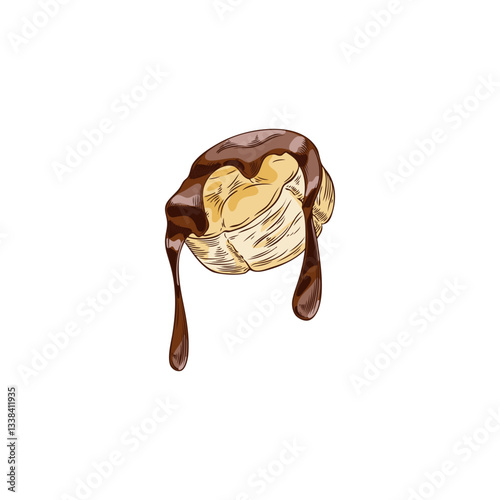 Banana slice in chocolate fondue watercolor, hand drawn outline illustration.