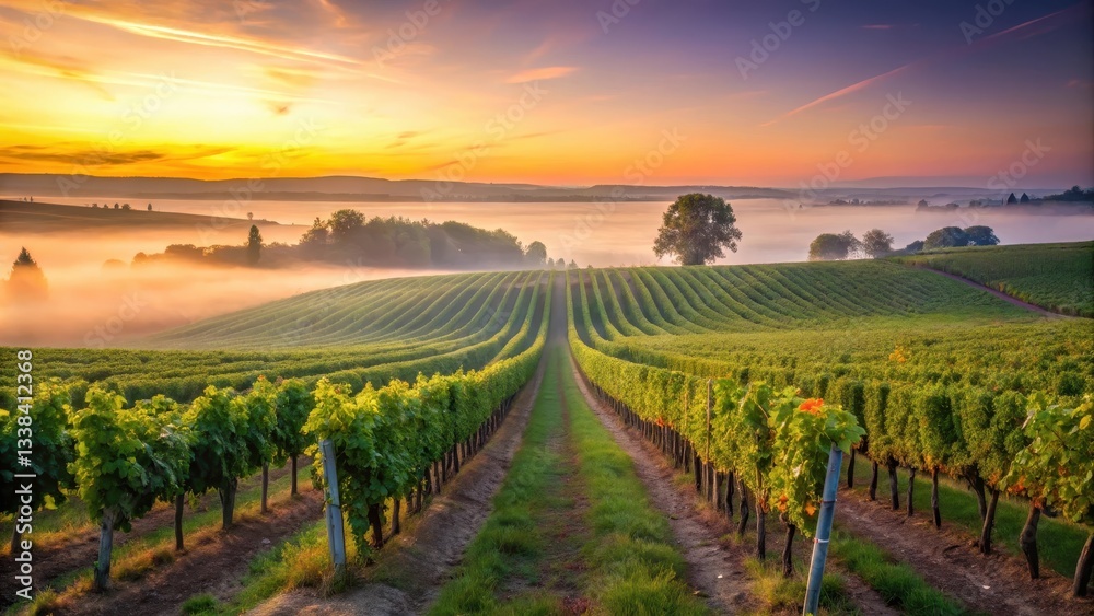 Fototapeta premium Vineyard rows under misty dawn in Dizy , France, vineyards