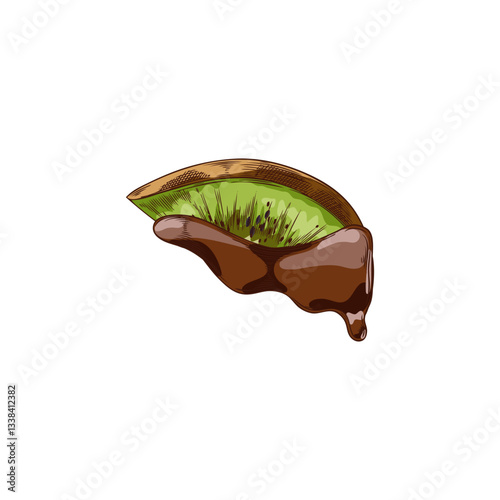 Slice of kiwi in melted dark chocolate hand drawn vector illustration, fruit piece in dripping cheese sketch, fondue