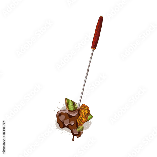 Watercolor vector sketch of fondue fork with orange slice and kiwi in hot chocolate.