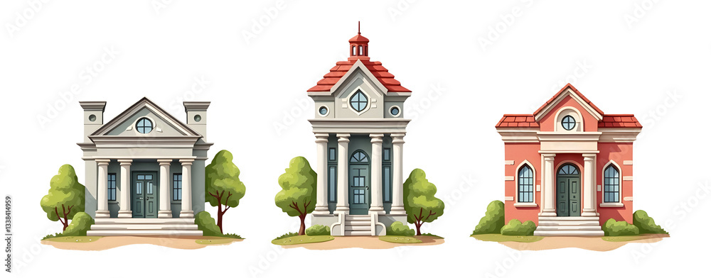 Naklejka premium Three distinct architectural styles with trees in a simple illustration. cut out, transparent background