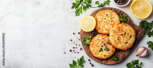 Top View Of Freshly Cooked Potato Pancakes With Herbs And Spices On Wooden Board, White Background