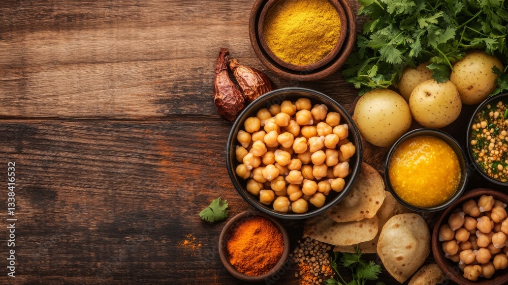 An artistic arrangement of ingredients used in pani puri, including boiled potatoes, chickpeas, and spices, beautifully displayed on a wooden background. An artistic arrangement of ingredients used in pani puri, including boiled potatoes, chickpeas, and spices, beautifully displayed on a wooden background.