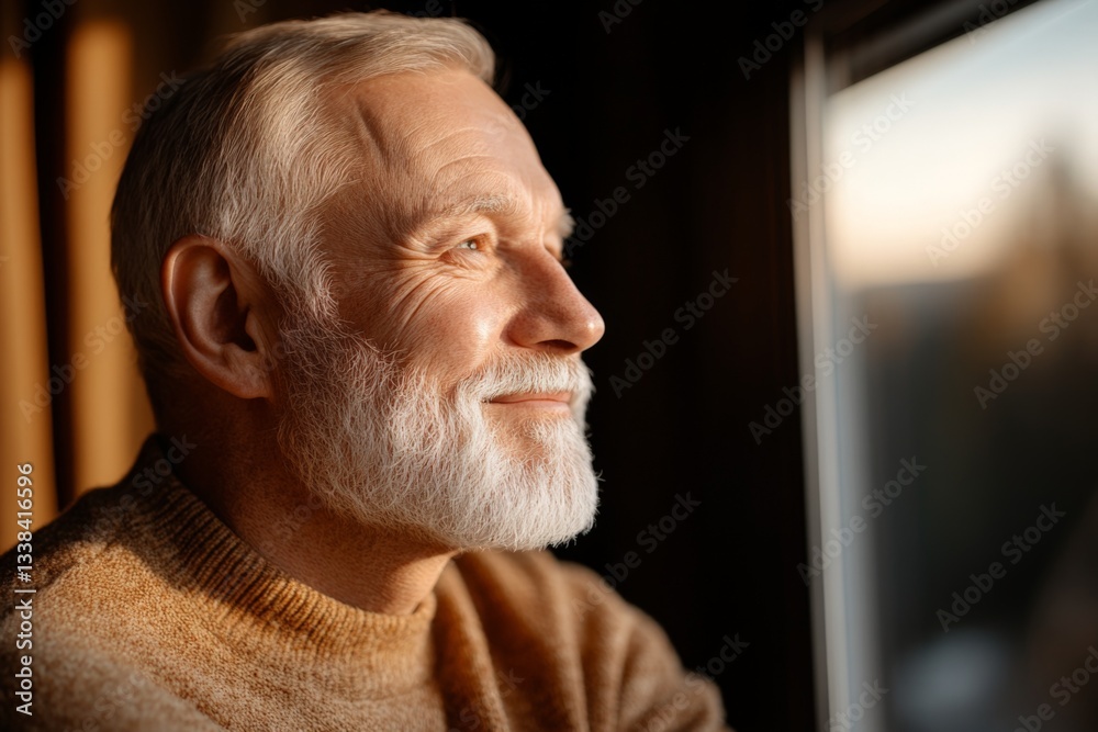 Elderly man enjoys a serene moment while gazing out the window at sunset in a cozy room Elderly man enjoys a serene moment while gazing out the window at sunset in a cozy room