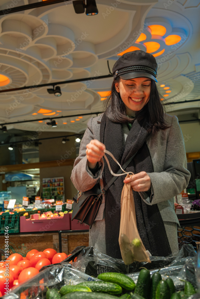 Woman Shopping for Cucumbers with Reusable Bag