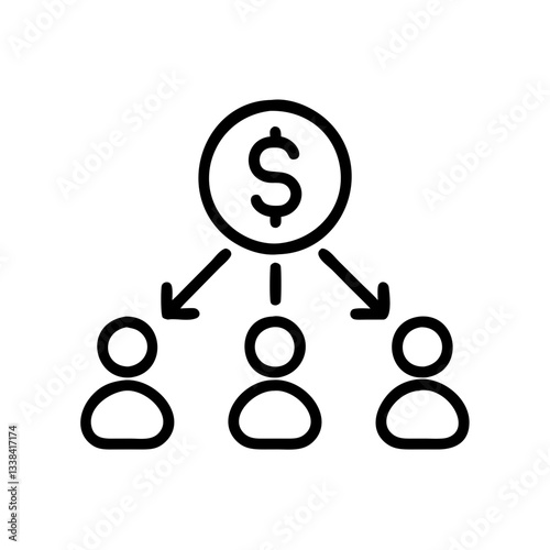 icon of three people sharing money from a central source, representing financial distribution 