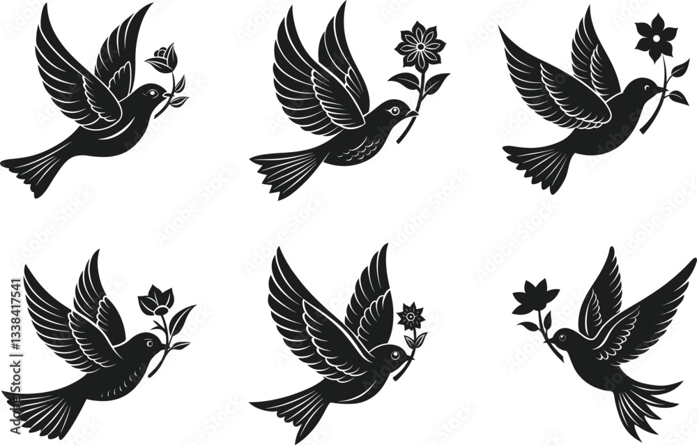 Set of Flying Dove Silhouettes with Flowers - Elegant Mother’s Day Vector Illustration Set of Flying Dove Silhouettes with Flowers - Elegant Mother’s Day Vector Illustration