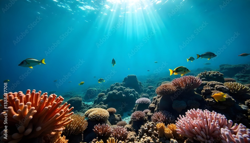 Naklejka premium An underwater photograph showcasing a vibrant coral reef teeming with diverse fish and marine organisms in crystal-clear water, perfect for earth day