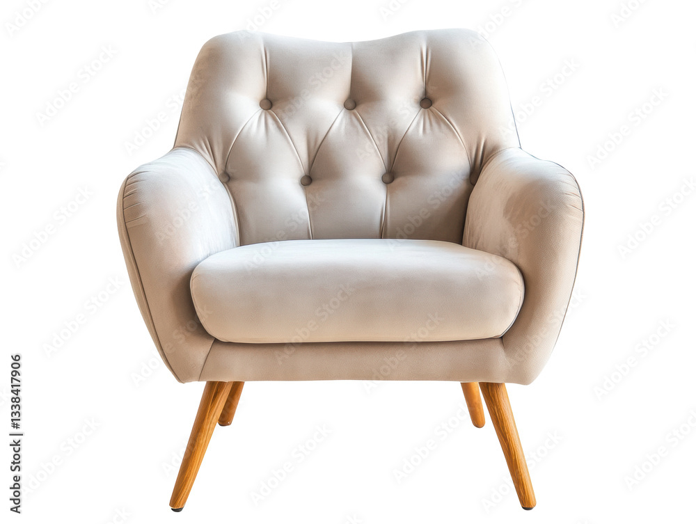 Naklejka premium Comfortable modern armchair with tufted design and wooden legs on a transparent background, cut out