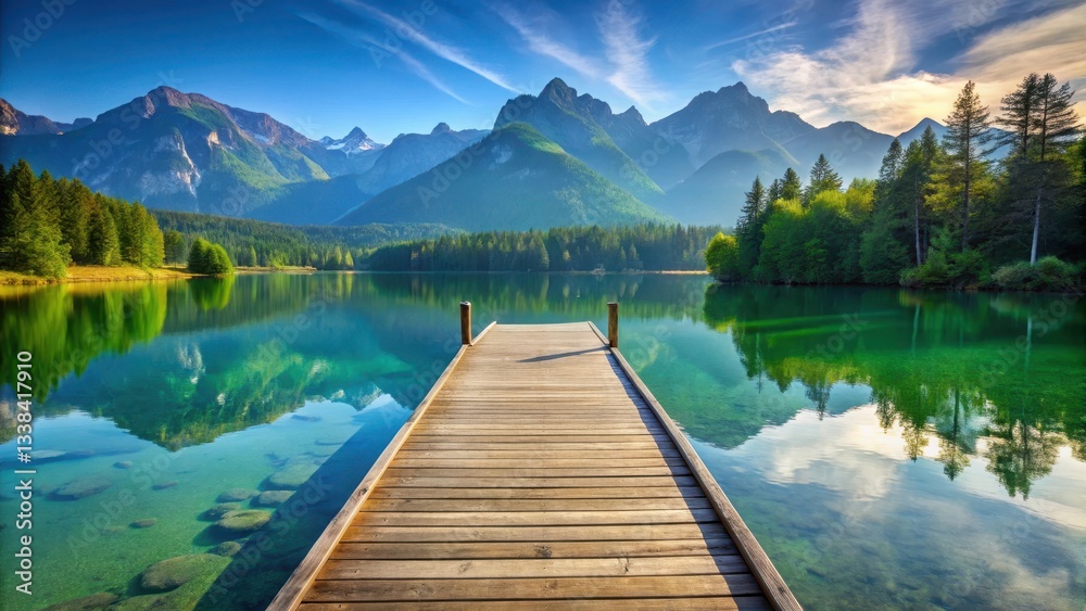 Serene wooden pier stretches over crystal clear lake in the majestic Alps during summer, surrounded by lush greenery and towering mountain peaks , Lush Greenery, Mountain Serene wooden pier stretches over crystal clear lake in the majestic Alps during summer, surrounded by lush greenery and towering mountain peaks , Lush Greenery, Mountain