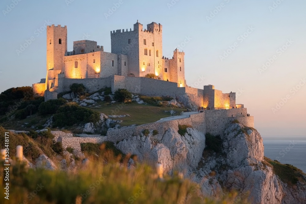 Obraz premium Historic castle illuminated at dusk overlooking the coastline in a serene landscape setting