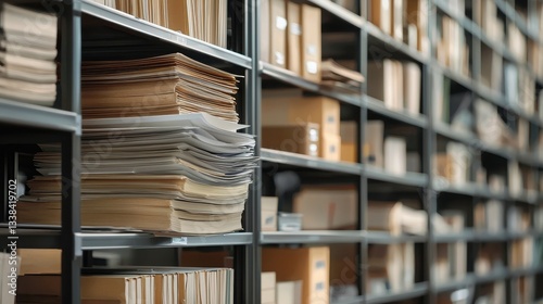 Organized Document Shelves Symbolizing Efficiency with Neatly Arranged Files and Paperwork in a Modern Archive Space