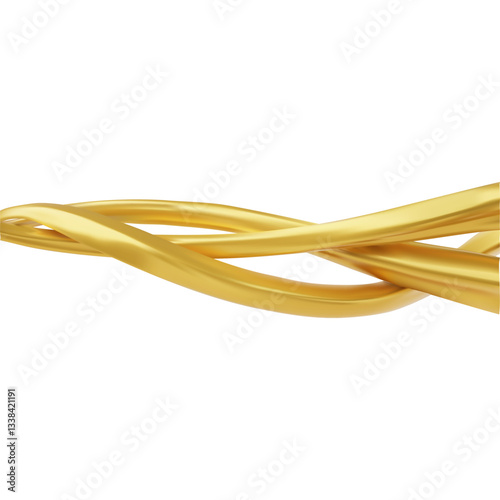 Golden twisted ribbons on white, abstract gold intertwined wave shapes, curvy yellow metal lines vector 3D background