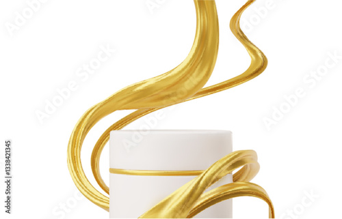 Golden twisted ribbons and white podium display product 3D vector, intertwined wave shapes on pedestal, bottle product