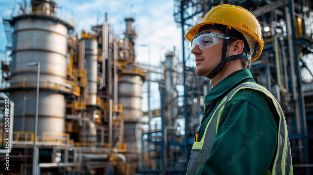 Male worker in protective clothing and helmet near oil refinery