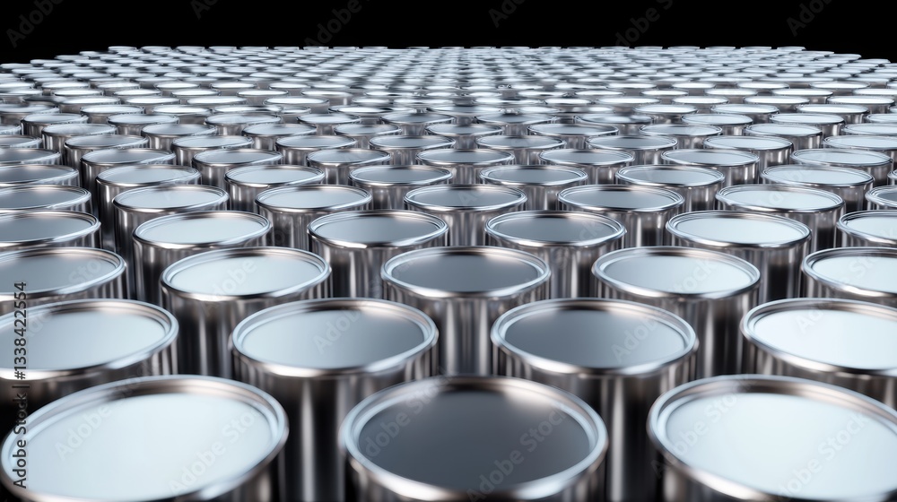 Fototapeta premium Endless rows of silver tin cans on an automated conveyor system, industrial factory environment, motion blur, futuristic precision engineering, hyper-realistic lighting