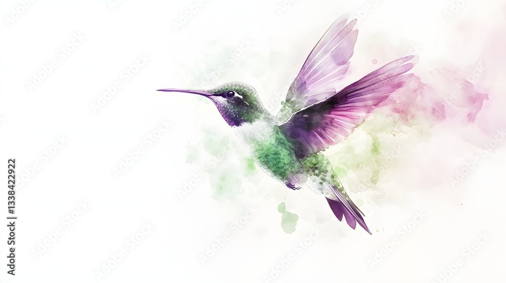 Fototapeta premium Watercolor Painting of a Hummingbird in Flight