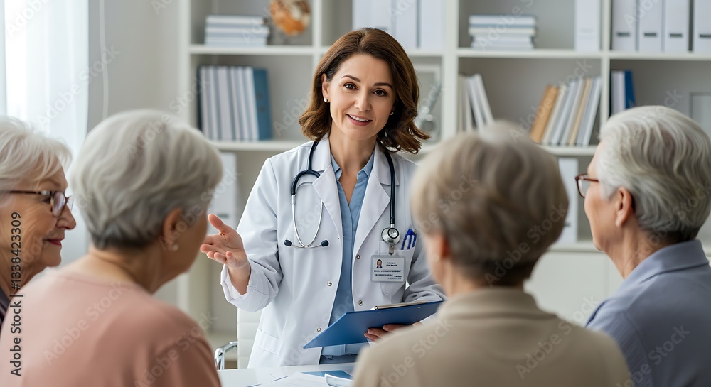 Fototapeta premium Confident Female Doctor Leading Senior Citizens Health Discussion