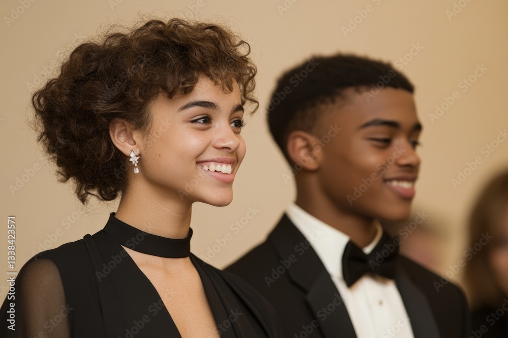 Happy teenagers dressed elegantly at a formal event in an indoor venue during a special occasion Happy teenagers dressed elegantly at a formal event in an indoor venue during a special occasion