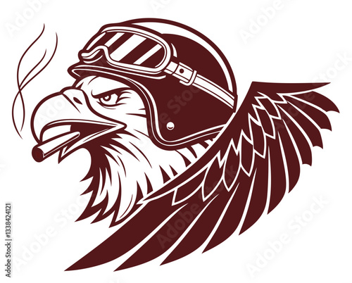 Bold logo design featuring an American eagle wearing a helmet and biting a cigar, isolated on a white background
