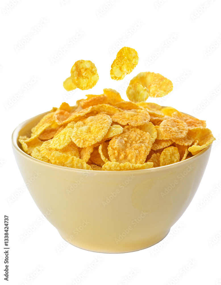 Crunchy Corn Flakes in a Bowl with Falling Pieces Crunchy Corn Flakes in a Bowl with Falling Pieces