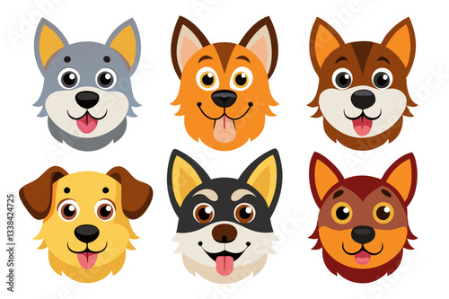 A collection of various cartoon dog faces in a fun and expressive style, designed as vector cliparts and isolated on a white background
