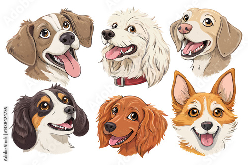 A collection of various cartoon dog faces in a fun and expressive style, designed as vector cliparts and isolated on a white background
