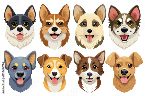 A collection of various cartoon dog faces in a fun and expressive style, designed as vector cliparts and isolated on a white background
