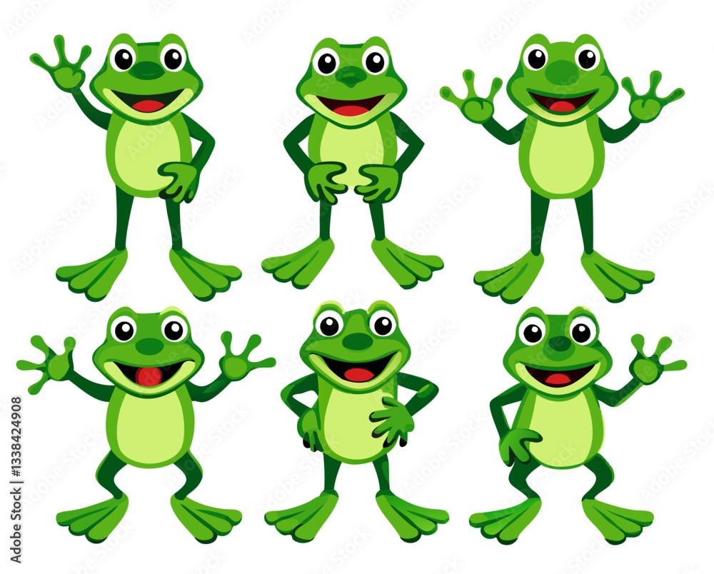 Obraz premium Playful and funny green frog cartoon character, designed with a charming expression and isolated on a clean white background 