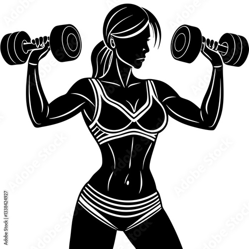 Silhouette of a woman performing a workout with dumbbells, symbolizing strength, fitness, and determination