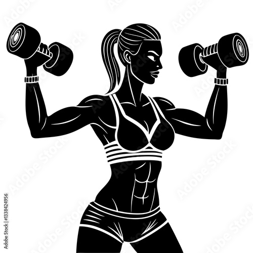 Silhouette of a woman performing a workout with dumbbells, symbolizing strength, fitness, and determination