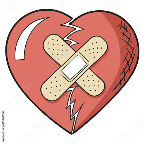 Emotional vector illustration of a broken heart with medical plasters and bandages, symbolizing heart injury and healing
