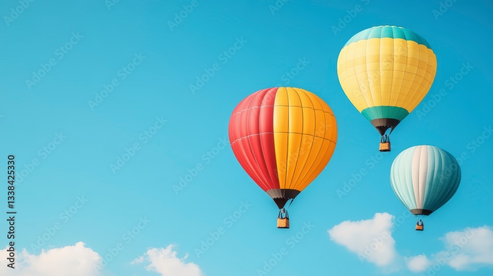 Naklejka premium Colorful Hot Air Balloons Soaring Against a Bright Blue Sky with White Clouds