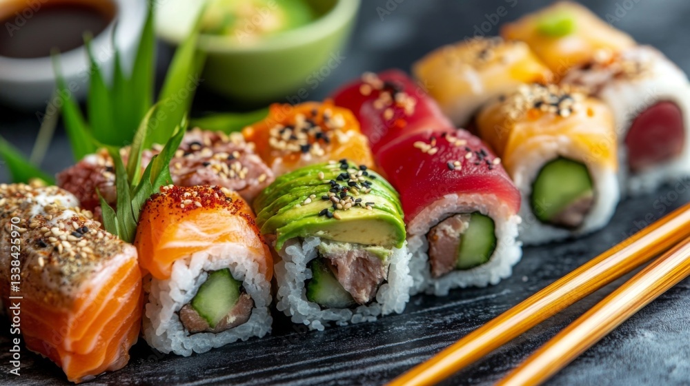 An artistic shot of sushi rolls cut into bite-sized pieces, showcasing colorful ingredients like avocado, cucumber, and tuna, served with chopsticks beside it. An artistic shot of sushi rolls cut into bite-sized pieces, showcasing colorful ingredients like avocado, cucumber, and tuna, served with chopsticks beside it.