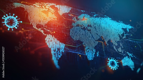 Digital World Map with Virus Icons and Data Visualization