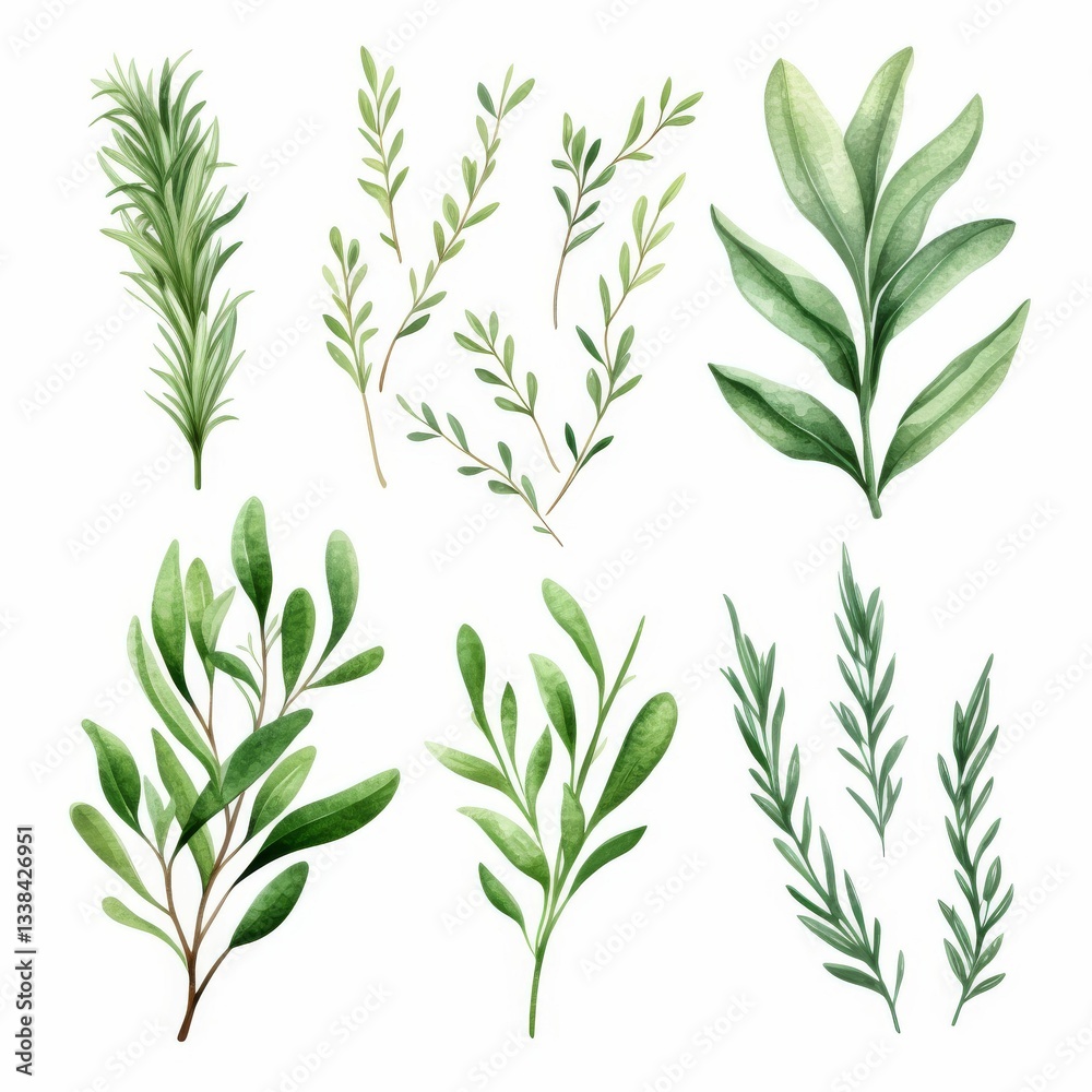 A set of green leaves, including parsley, basil, and rosemary