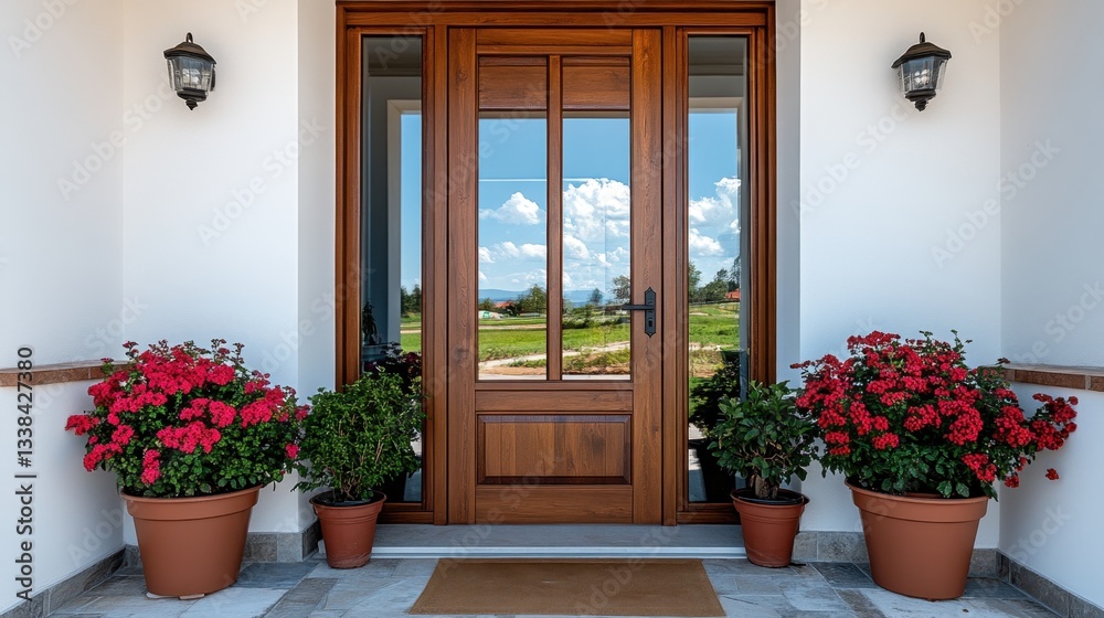 Inviting Entrance with Wooden Door and Vibrant Flowers Reflecting Serene Landscape on a Sunny Day Exterior Shot