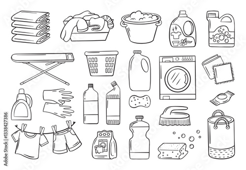 Doodle laundry accessories. Wash machine, powder and liquid detergent, dirty and clean clothes on rope. Cleaning and washing neoteric vector elements