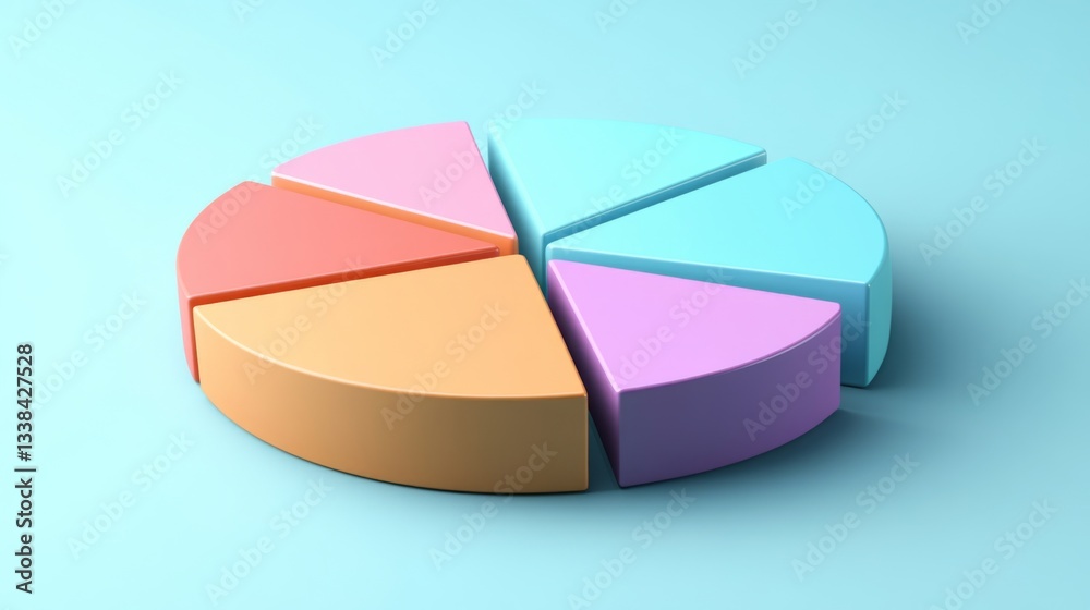 Obraz premium An elegant D pie chart with soft curves and a pastel color palette, showcasing different data points in a harmonious and visually appealing manner.