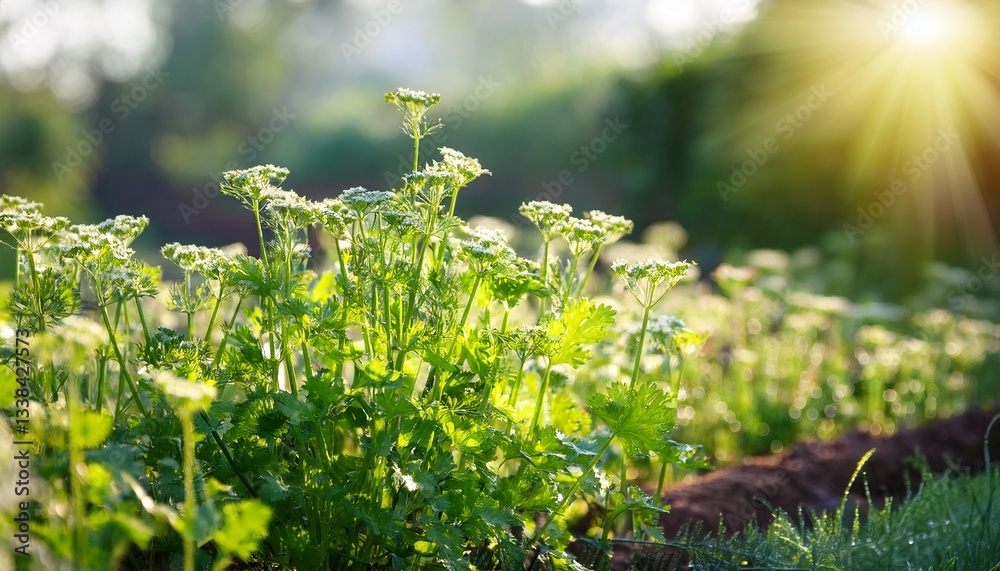 Fototapeta premium Cilantro plants (Coriandrum sativum) blooming in summer kitchen garden- 5936