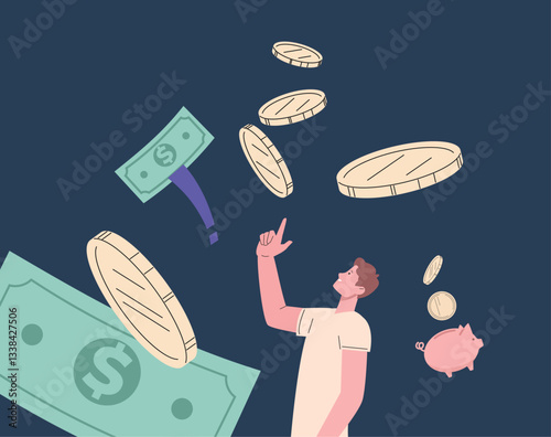 Financial broker, bank manager, businessman male character with golden coins and banknotes. Money concept, man thinking about investment, vector scene