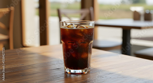 An iced coffee in a glass, condensation forming as it sits on a wooden table in a sunny café.