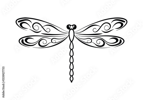 Tribal Dragonfly Tattoo – Elegant and Detailed Black and White Vector Illustration
