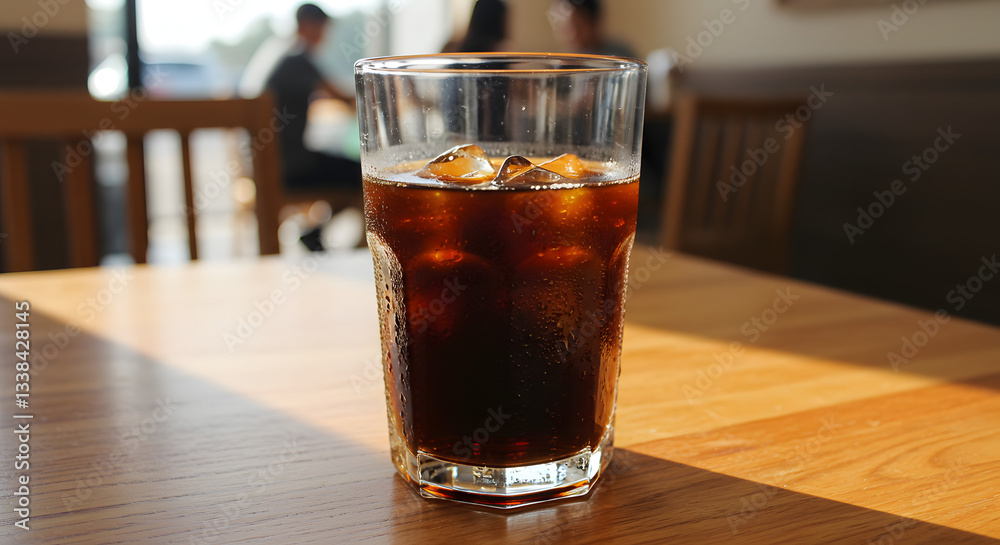 An iced coffee in a glass, condensation forming as it sits on a wooden table in a sunny café. An iced coffee in a glass, condensation forming as it sits on a wooden table in a sunny café.