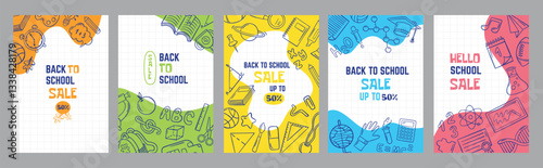 Back to school sale posters. Seasonal discount, online stores banners. Educational elements, profitable to get ready for study info, neoteric vector template