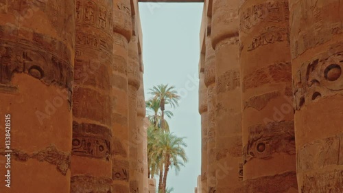 great hypostyle hall in the temple of Karnak with palm tree (row of columns), Luxor, Egypt